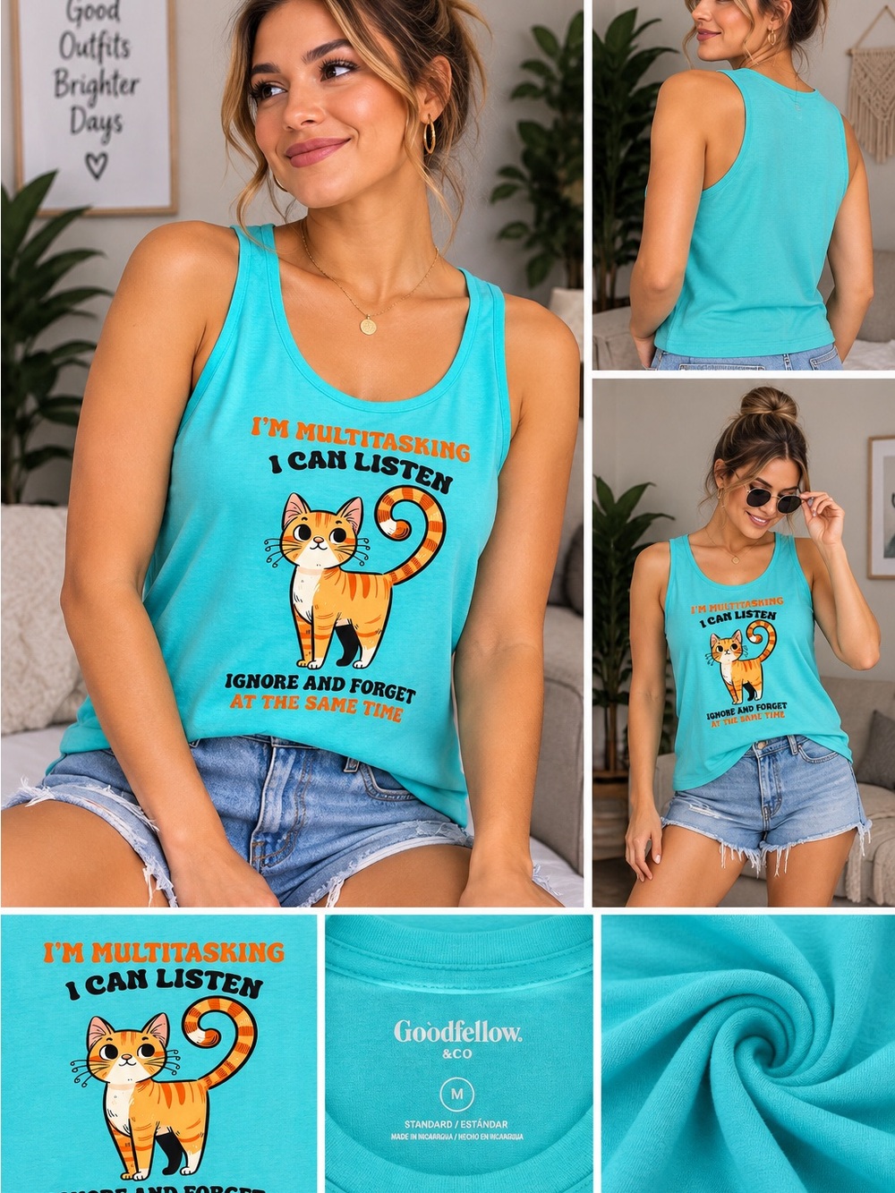 Goodfellow & Co Turquoise Tank Top with Orange Tabby Cat Graphic